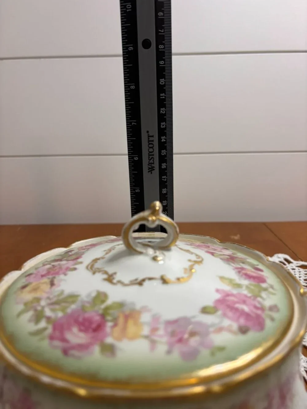 Antique GDA Limoges France Covered Round Serving Bowl Pink Rose Gold Scalloped
